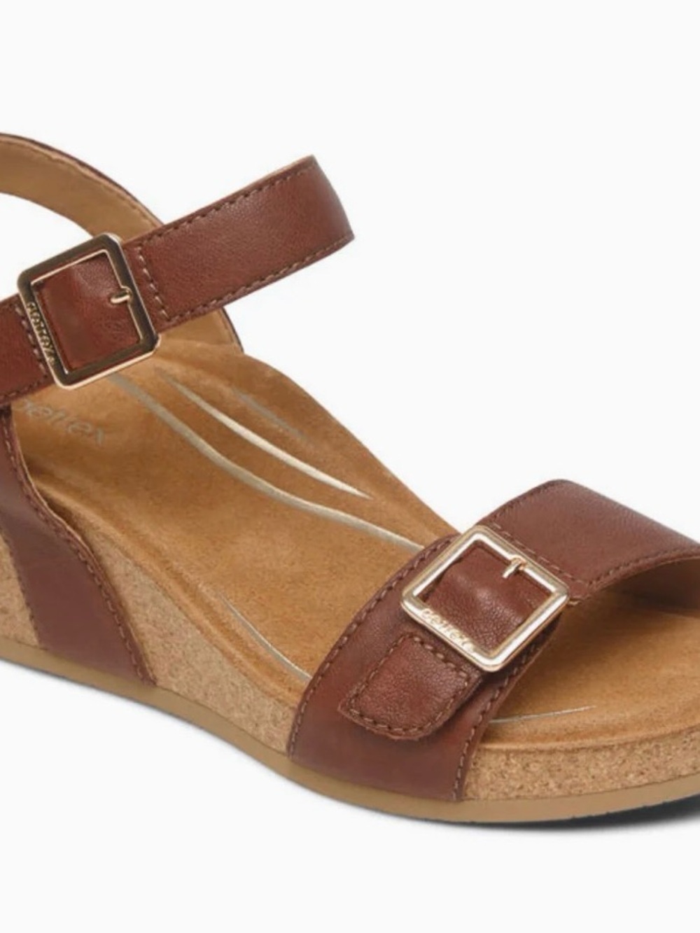 Aetrex Lexa Walnut Brown Leather Adjustable Buckle Wedge Sandals size 8.5M / 39